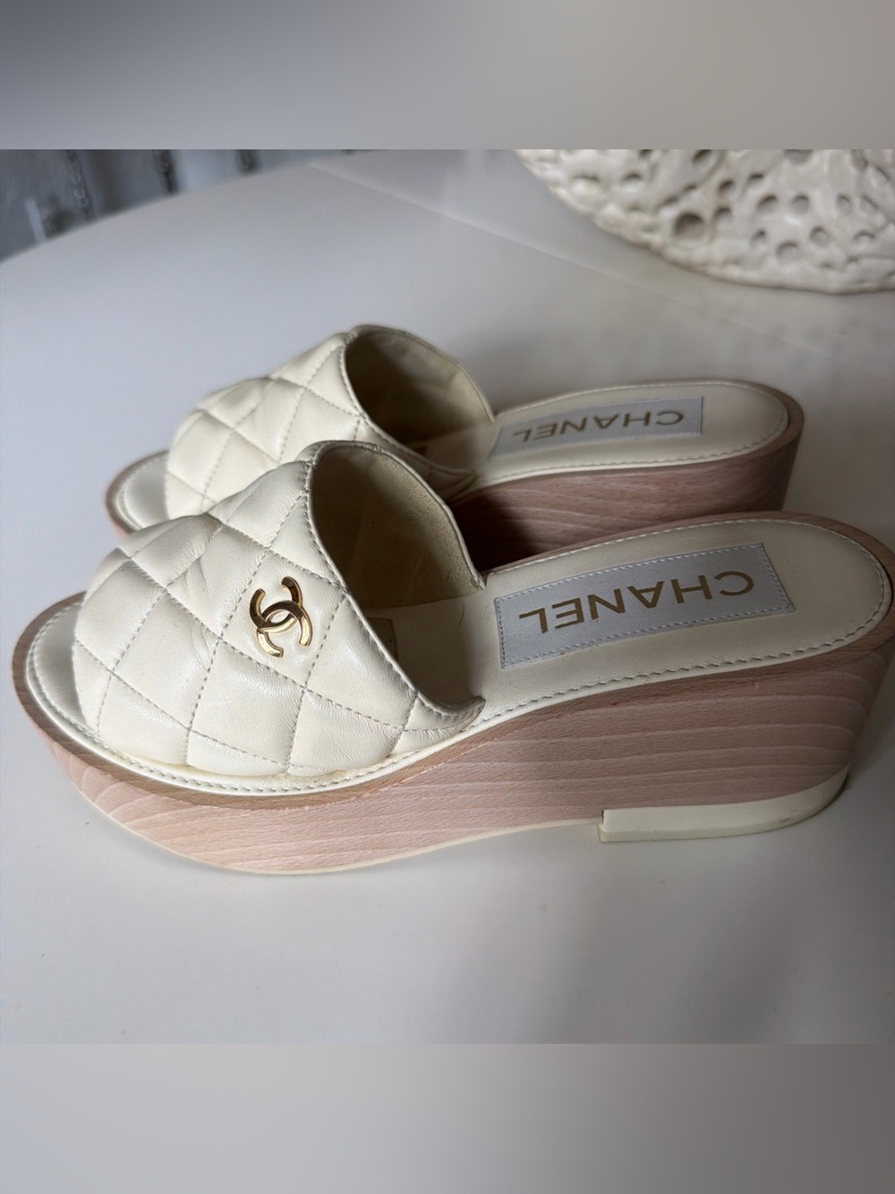 Chanel White Quilted Leather Platform Slide Sandals. Worn once.